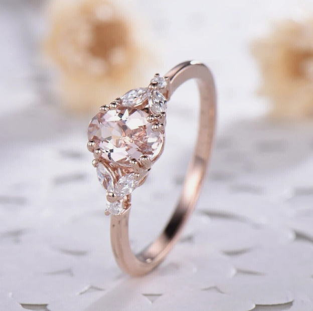 14k Rose Gold Plated 2.20 Ct Oval Cut Simulated Peach Morganite Engagement Ring
