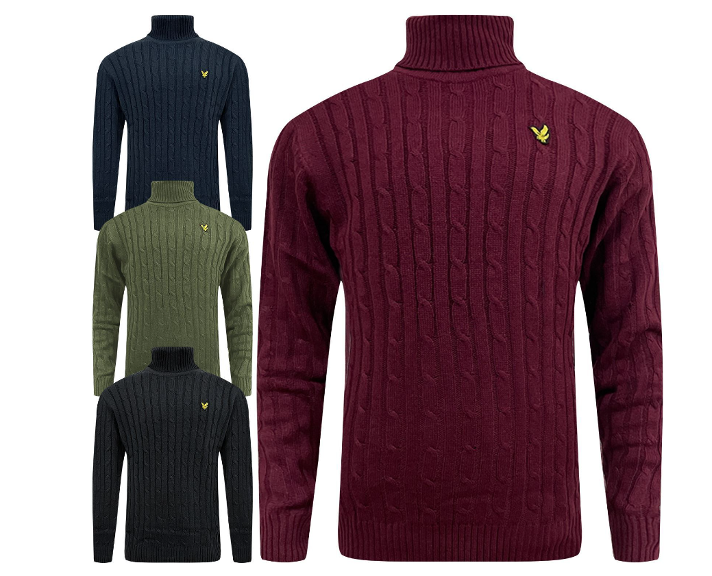Lyle & Scott Mens Turtle Neck Cable Knitted Roll Up Jumper Polo Sweater Pullover